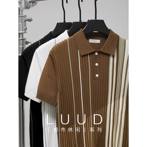 LUUD 撞色竖坑条纹理针织Polo衫男夏季休闲高级感重磅短袖保罗衫