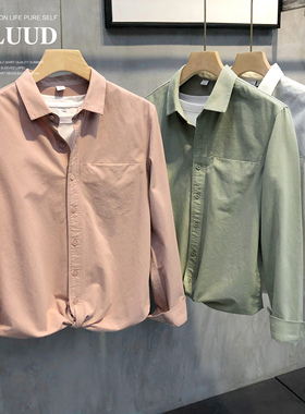LUUD 春秋清新纯色简约衬衫男日常休闲翻领衬衣韩版修身长袖上衣