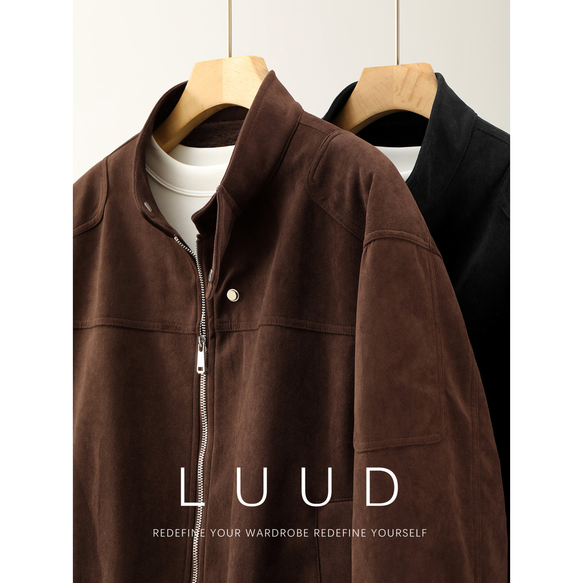 LUUD 复古高级麂皮绒按扣立领夹克男内里蓬松柔软绒感保暖呢外套