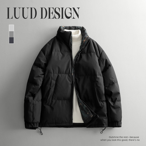 LUUD 90高填充鸭绒立领羽绒服时尚菱形格纹男士冬季防寒保暖外套