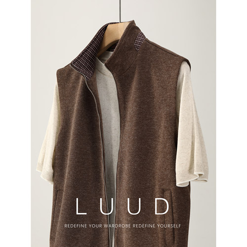 LUUD 春夏男士针织拉链马甲美式老钱风格纹拼接叠穿无袖立领外套