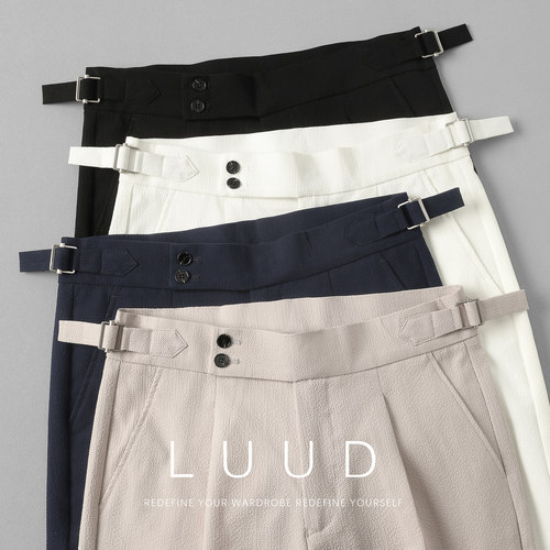 LUUD 褶皱肌理感修身小直筒休闲裤男士夏季薄款立体裤子锥形长裤