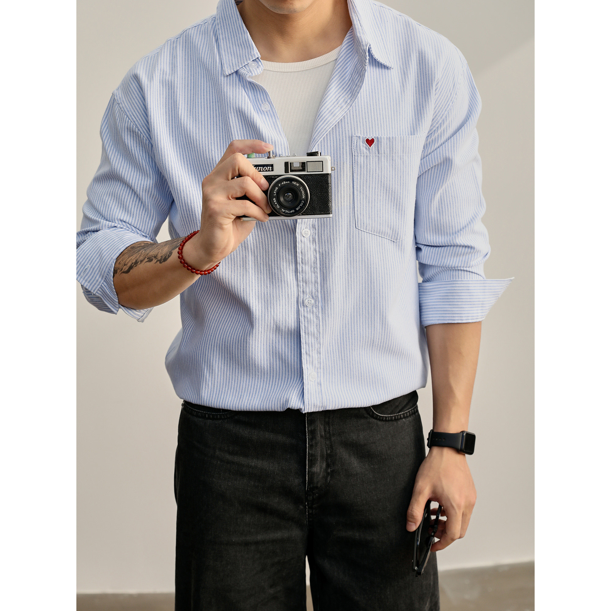 LUUD 翻领长袖日系复古条纹简约风爱心小刺绣100%纯棉衬衫外套男