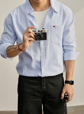 LUUD 翻领长袖日系复古条纹简约风爱心小刺绣100%纯棉衬衫外套男