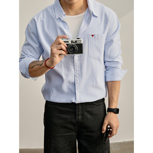 外套男 日系复古条纹简约风爱心小刺绣100%纯棉衬衫 LUUD 翻领长袖