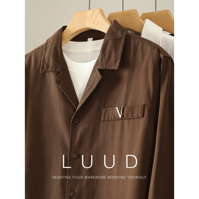 LUUD 100%纯棉复古老钱风古巴领长袖衬衫男士单口袋金属装饰衬衣