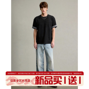 上衣男夏时尚 亨利领短袖 百搭设计感套头T恤 撞色格纹拼接卷袖 LUUD