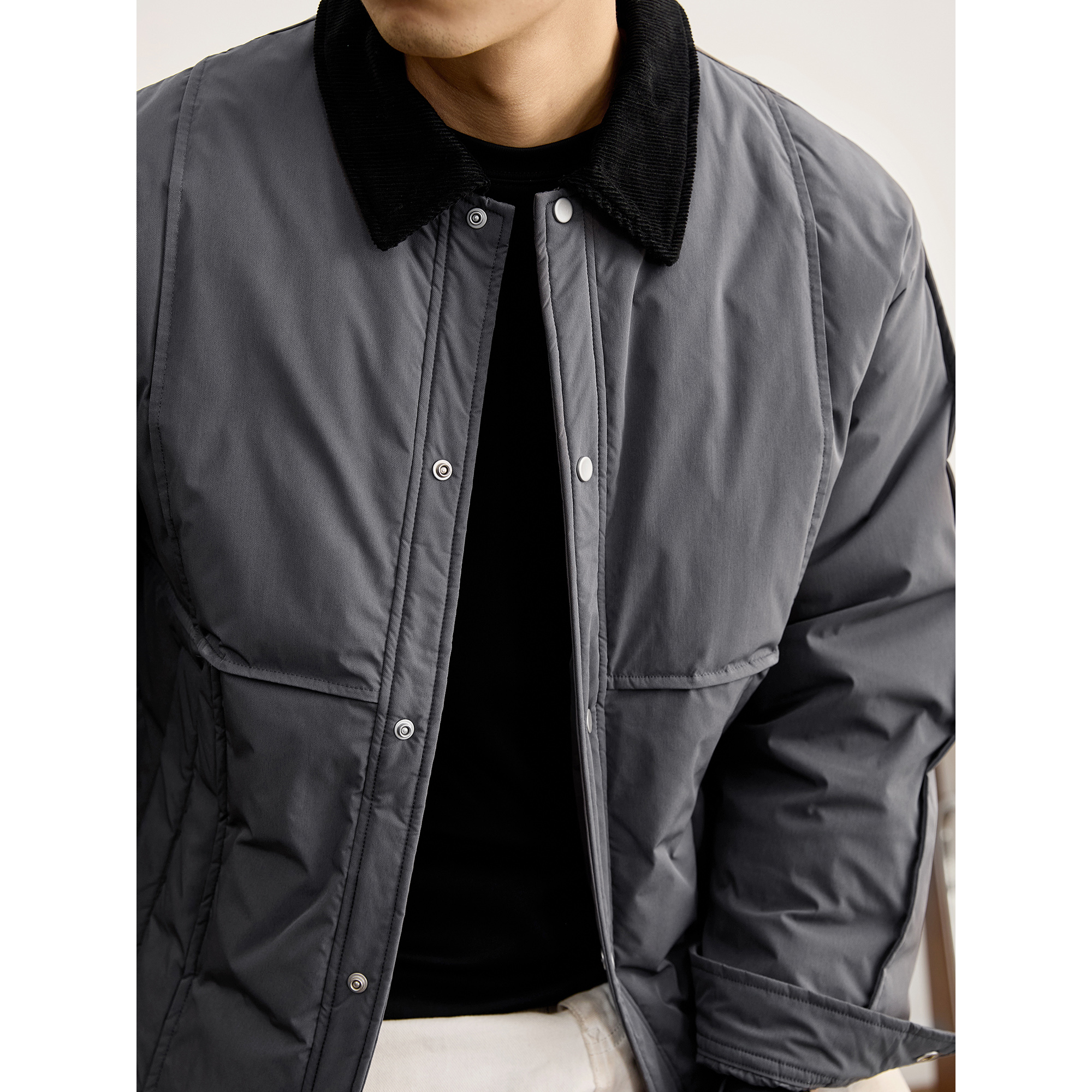 LUUD 灯芯绒拼接翻领90鸭绒羽绒服外套男冬季解构分割设计面包服