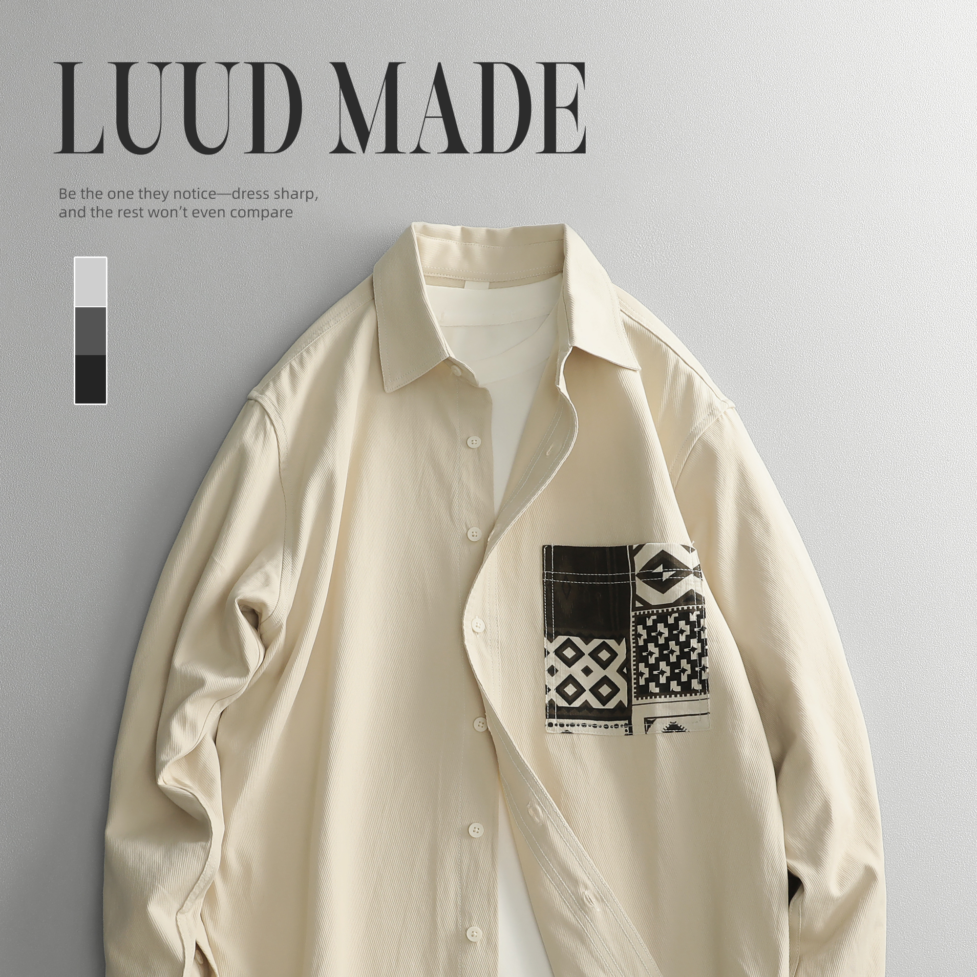 LUUD 痞帅抽象图案贴布口袋长袖衬衫男士潮流翻领100纯棉衬衣外套