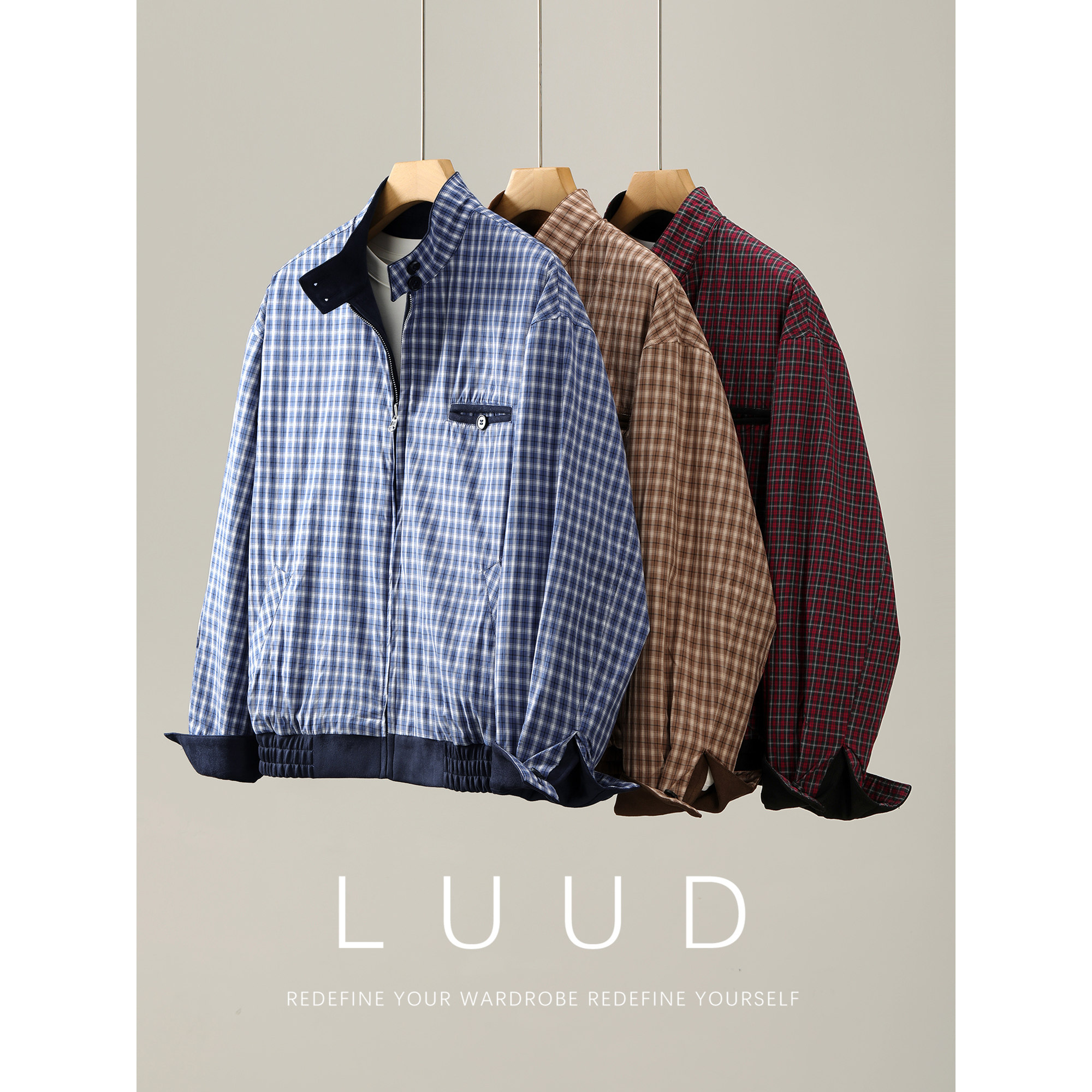 LUUD 可双面穿撞色格纹哈灵顿夹克男秋冬休闲通勤百搭麂皮绒外套