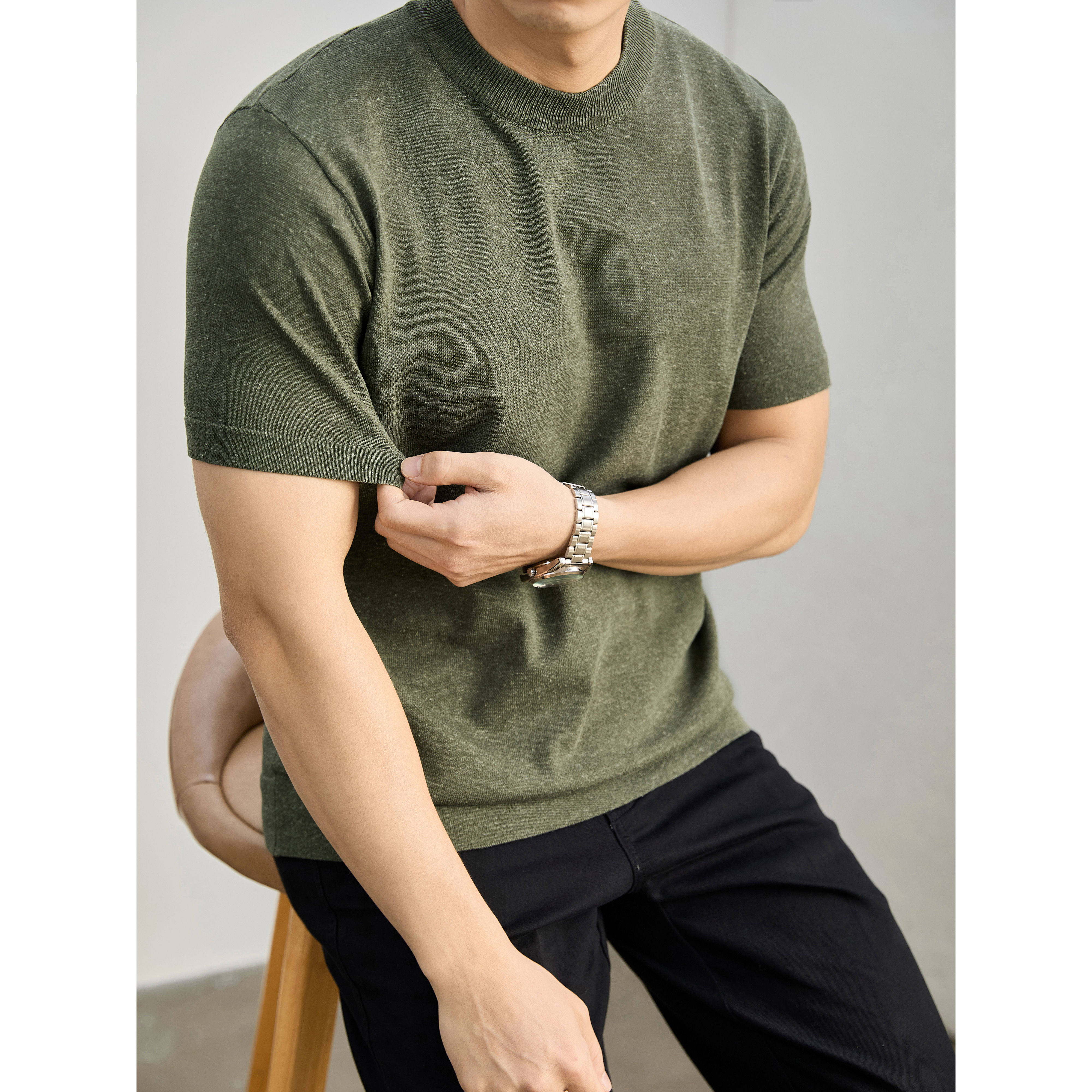 LUUD 针织麻花绿罗纹圆领T恤男夏天丝莱赛尔亚麻面料倒三角T恤衫