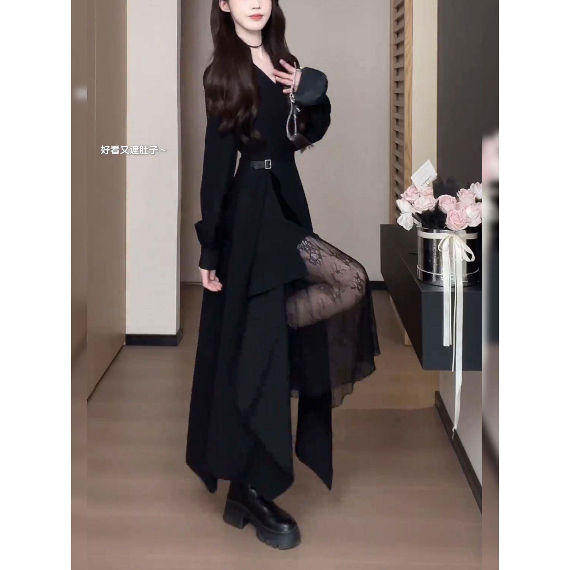 法国赫本风格长袖衬衫连衣裙初秋2025新蕾丝拼接不规则假两件套长