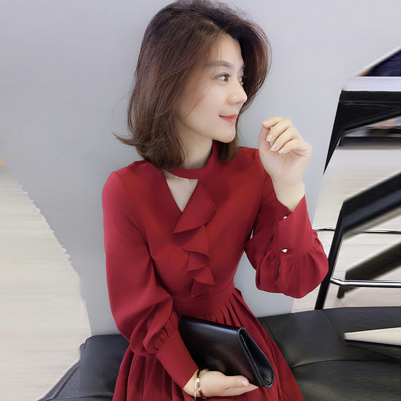 欧洲站2020女装新款秋装潮时尚长裙车厘子红色法式复古收腰连衣裙