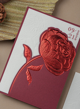 新西式玫瑰婚礼请柬letterpress凸版定制请帖凹印喜帖邀请函暗红