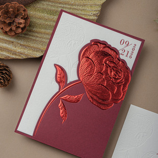 新西式玫瑰婚礼请柬letterpress凸版定制请帖凹印喜帖邀请函暗红