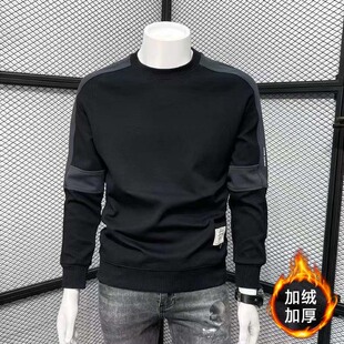 加绒卫衣男秋冬新款接撞色韩版潮牌帅气圆领长袖百搭上衣休闲