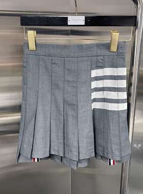 新款tb一体色织白杠条纹四杠百褶裙短裙JK学院风少女高腰裙显瘦