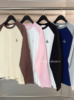 秋冬新款西太后VW土星刺绣简约美式牛角插肩袖长袖T恤情侣休闲