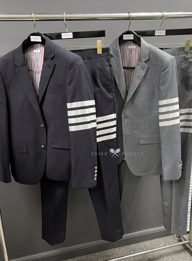 重工推荐！新款TB色织四杠条纹单排扣修身休闲羊毛料西装套装