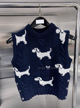 新款TB小狗麻花粗针羊毛针织马甲圆领套头女款毛衣短款背心