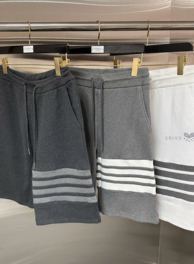 春夏新款TB四杠条纹420g华夫格纯棉休闲直筒宽松卫裤五分短裤运动