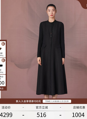 EXCEPTION例外女装中式亚麻羊毛混纺腰部打褶设计连衣裙