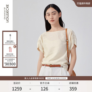 T恤女 木棉针织碎褶设计抽绳圆领宽松短袖 EXCEPTION例外女装 春夏款