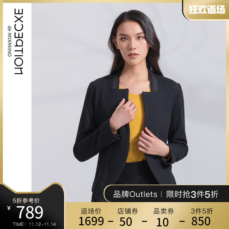 EXCEPTION例外女装秋冬款经典羊毛西装保暖提花针织短款毛呢外套
