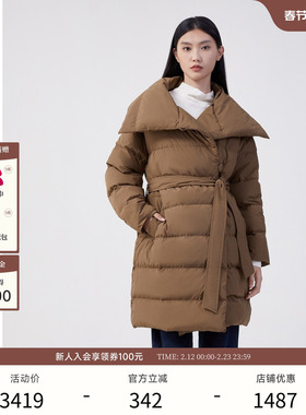 EXCEPTION例外女装秋冬款羽绒服鸭绒保暖系带设计立领长款外套女