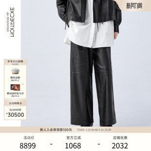 春秋款 女裤 裤 皮裤 子羊皮革叠褶设计宽松阔腿裤 EXCEPTION例外女装