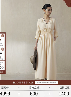 EXCEPTION例外女装苎麻混纺长裙优雅时尚V领收腰显瘦七分袖连衣裙