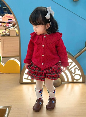 韩版甜美风儿童百褶裙女童红色木耳边短裙2025冬季新款宝宝蛋糕裙