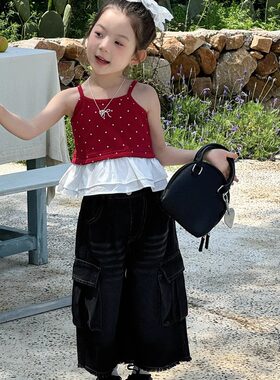 女童夏装吊带背心红色波点裙摆