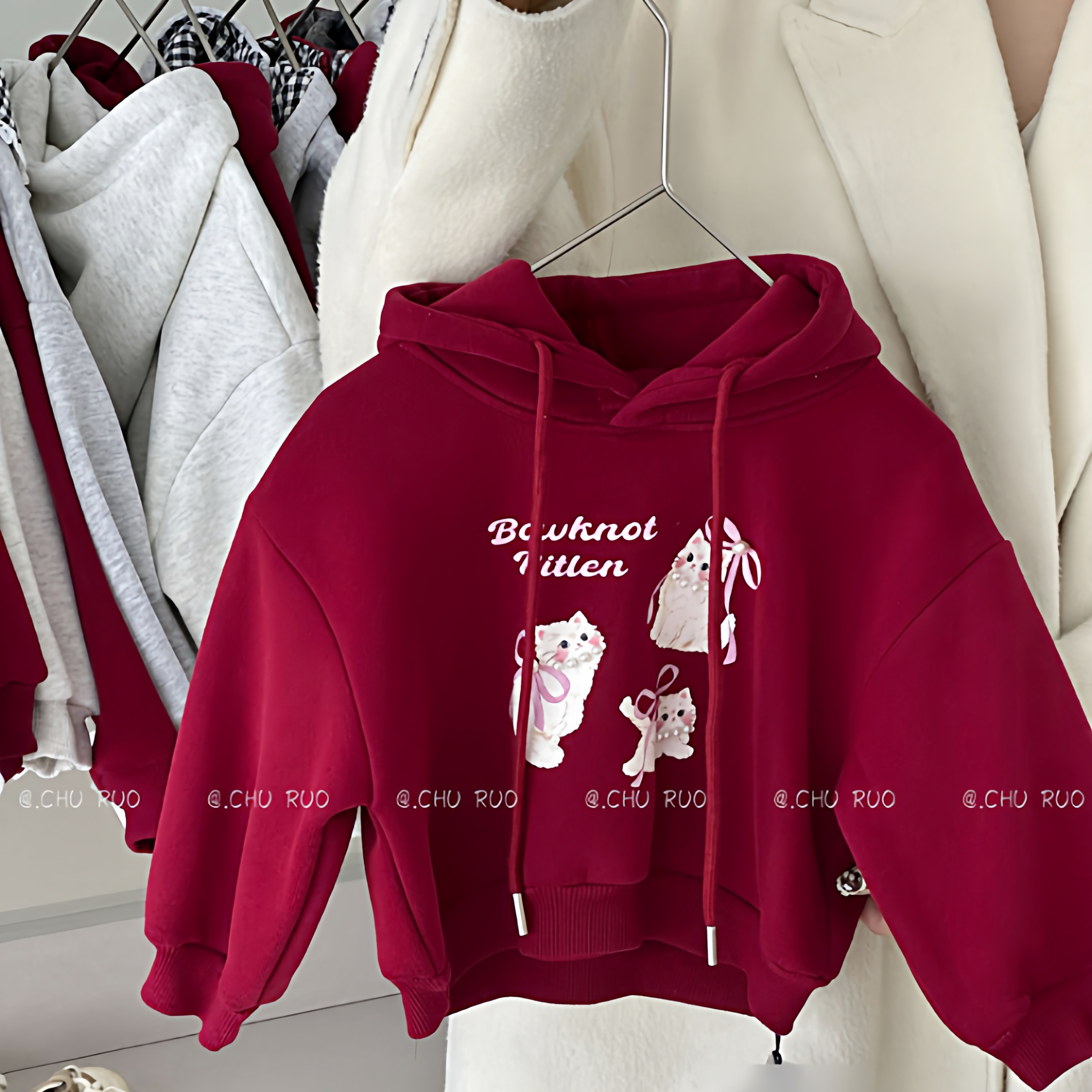 儿童酒红色加绒连帽卫衣女宝宝卡通猫咪印花宽松休闲百搭带帽上衣