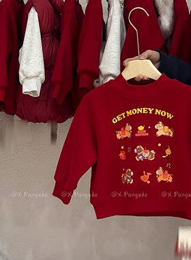 中小童宝宝卡通印花圆领卫衣女童红色小马字母长袖上衣可爱休闲风