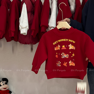 中小童宝宝卡通印花圆领卫衣女童红色小马字母长袖上衣可爱休闲风