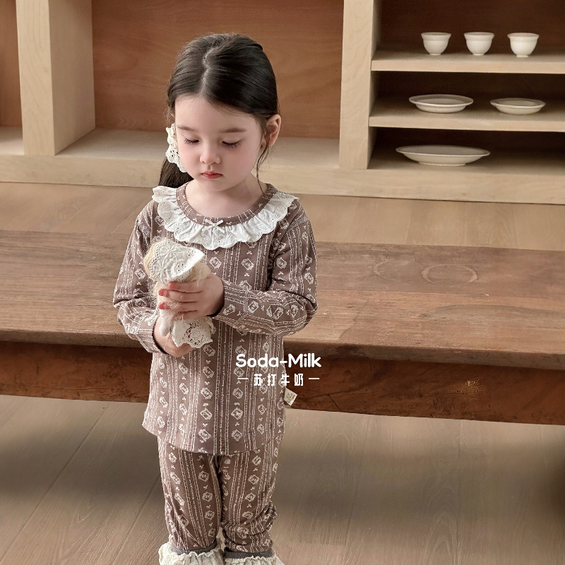 女童家居服春秋套头长袖睡衣套装女宝宝居家花边蕾丝中小童空调服