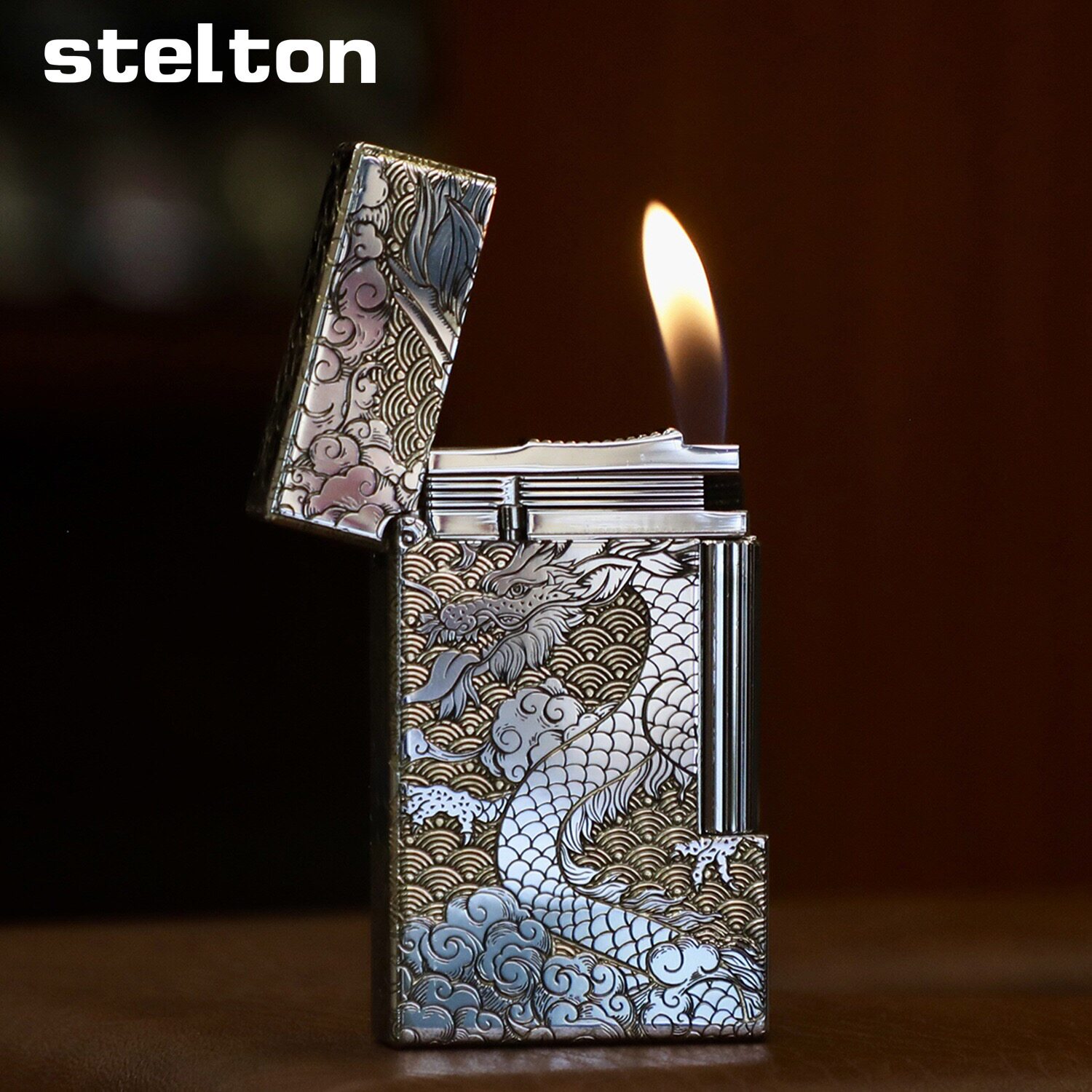 stelton斯特腾朗声打火机充气式全铜侧滑砂轮精雕祥云龙高端礼品
