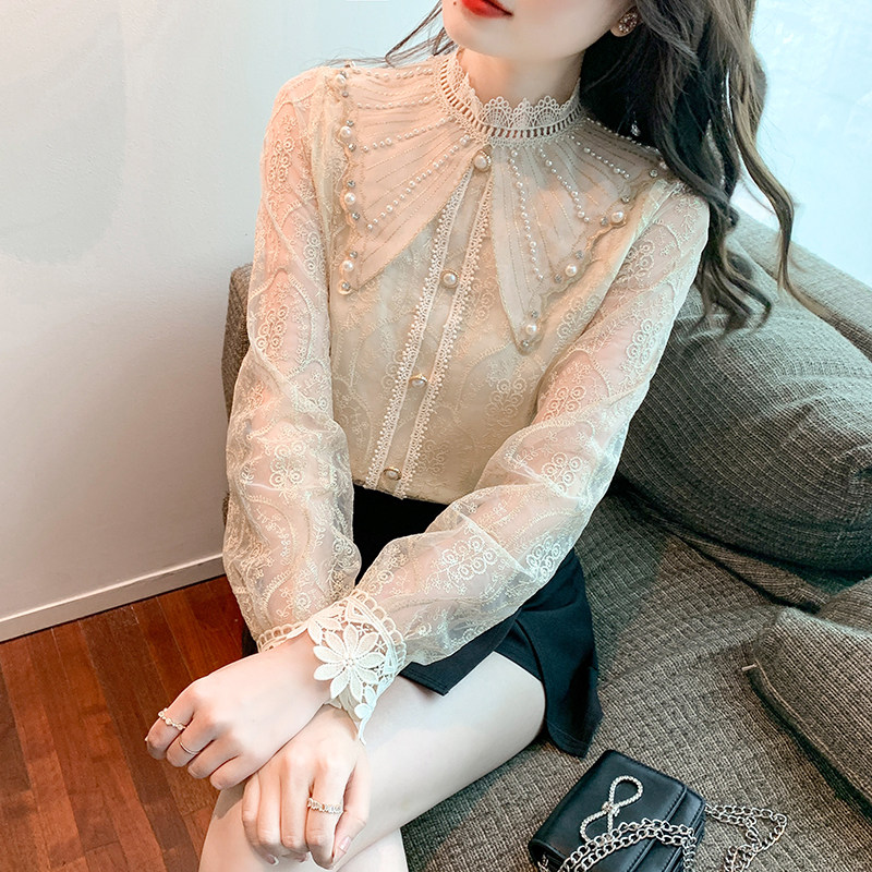 2022年春装新款蕾丝雪纺打底衫洋气设计感小众上衣超仙气女士衬衫