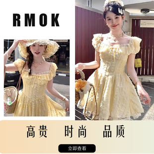 显瘦泡泡袖 甜美温柔风奶黄色方领连衣裙 在逃公主裙RMOK
