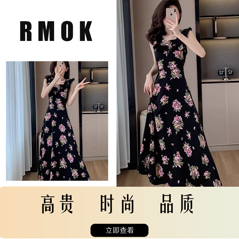 黑色轻熟复古绝美碎花无袖连衣裙 修身雪纺a字长裙夏RMOK欧美代购