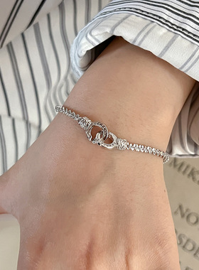 S925纯银超闪手铐双环手链女冷淡风波光粼粼环环相扣手环B6562