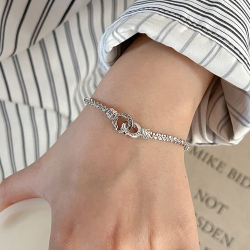 S925纯银超闪手铐双环手链女冷淡风波光粼粼环环相扣手环B6562