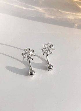 锆石花朵U型纯银螺丝耳钉女ins小众挂耳式耳环双耳洞防丢免摘耳饰