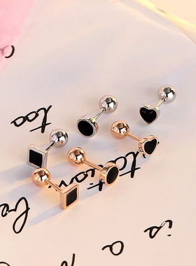 S925纯银迷你方形螺丝耳钉纯银女玫瑰金彩金心形耳饰圆脸显瘦防掉