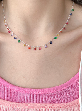 小红书S925纯银圆形彩色锆石项链女个性细款七彩圆珠锁骨链7438G