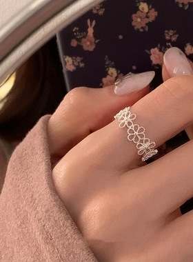 未晚女925纯银甜美镂空花环戒指