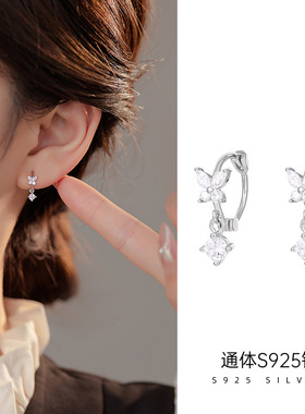 S925纯银甜美吊坠白锆蝴蝶耳扣女精致迷你女童蝴蝶结耳环养耳洞