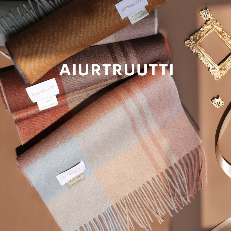 AiurtRuutti意式轻奢窄版纯山羊绒围巾 英伦格子男女情侣披肩欧美
