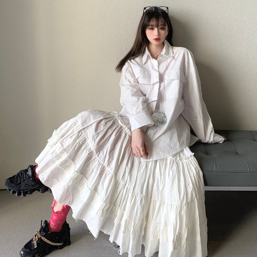 原创设计大摆半身裙女裙蛋糕蓬蓬百褶裙系带荷叶边两穿抹胸连衣裙